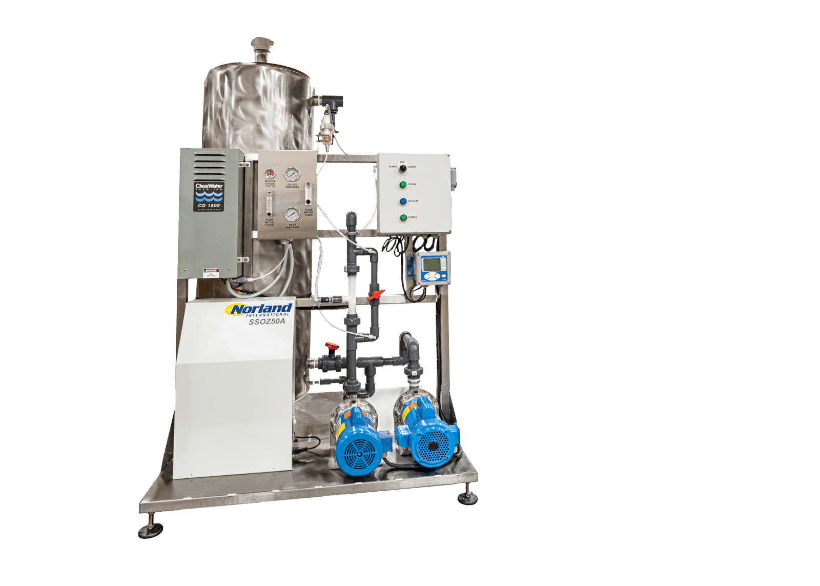 Stainless steel ozone contact tank mounted on a skid with an ozone generator, control panel and circulation pumps